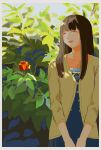  1girl absurdres bloom blue_dress border brown_hair bush cardigan closed_eyes collarbone commentary_request cowboy_shot dress facing_to_the_side flower hide_tani highres kanou_jun_(missing_parts:_the_tantei_stories) light_blush long_hair missing_parts:_the_tantei_stories open_cardigan open_clothes open_mouth red_flower sidelighting sidelocks sleeves_past_elbows smile solo standing v_arms white_border yellow_cardigan 