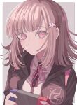  1girl breasts closed_mouth danganronpa_(series) danganronpa_2:_goodbye_despair dress_shirt flipped_hair galaga hair_ornament handheld_game_console highres holding holding_handheld_game_console hood ibushi_(kuyuru_29) jacket long_sleeves looking_at_viewer medium_hair nanami_chiaki neck_ribbon nintendo_switch pink_eyes ribbon shirt solo white_shirt 