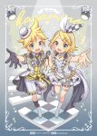  1boy 1girl :d black_gloves blonde_hair blue_eyes boots bow character_name checkered_floor dress gloves hair_bow hat holding_hands interlocked_fingers kagamine_len kagamine_rin mini_hat mini_top_hat musical_note necktie nightcat shorts smile standing standing_on_one_leg top_hat treble_clef vocaloid waistcoat white_dress white_footwear 