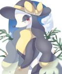  alternate_color animal_focus artist_name black_headwear blue_sky border bow clouds commentary_request dog furfrou furfrou_(debutante) hat highres iwasi_29 long_hair no_humans pokemon pokemon_(creature) red_eyes shiny_pokemon sky snout twitter_username white_border yellow_bow 