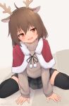  1girl :d animal_ears antlers black_thighhighs brown_hair brown_hairband capelet centi_mnkt commentary_request deer_ears fake_animal_ears fake_antlers fur-trimmed_capelet fur_trim grey_skirt grey_sweater hair_between_eyes hairband highres long_sleeves looking_at_viewer original plaid plaid_skirt puffy_long_sleeves puffy_sleeves red_capelet red_eyes reindeer_antlers ribbed_sweater sitting skirt sleeves_past_wrists smile solo sweater thigh-highs turtleneck turtleneck_sweater wariza 