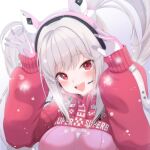  1girl absurdres alice_(nikke) animal_ear_headphones animal_ears blush bodysuit breasts commentary cropped_jacket fake_animal_ears gloves goddess_of_victory:_nikke grey_hair headphones headset highres jacket kaboten long_hair medium_breasts open_mouth pink_bodysuit pink_gloves rabbit_pose red_eyes red_jacket sidelocks skin_tight sleeves_past_wrists smile snow solo twintails two-tone_gloves upper_body white_gloves 