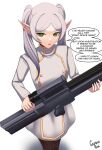  1girl absurdres assault_rifle caiman_pool elf english_text frieren green_eyes gun h&amp;k_g11 highres looking_at_viewer looking_up pointy_ears rifle signature solo sousou_no_frieren turtleneck twintails weapon white_background white_hair 