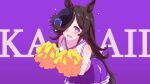  1girl @_@ alternate_costume animal_ears blush breasts cheerleader commentary_request hair_ornament hat highres horse_ears horse_girl horse_tail long_hair looking_at_viewer pom_pom_(cheerleading) purple_background rice_shower_(umamusume) shijima_(shizima_03) sleeveless small_breasts solo sweat tail umamusume violet_eyes 
