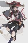  1boy absurdres bishounen black_hair full_body gauntlets genshin_impact hat highres japanese_clothes jewelry male_focus necklace red_ribbon ribbon sandals scaramouche_(genshin_impact) shorts solo violet_eyes yuitonoel 