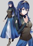  1girl alternate_costume ameno_(a_meno0) black_sweater blue_eyes blue_hair blue_skirt blush boots brown_footwear closed_mouth commentary_request fire_emblem fire_emblem_awakening gold_trim grey_background grin hair_between_eyes long_hair long_sleeves looking_at_viewer lucina_(fire_emblem) ribbed_sweater simple_background skirt smile solo sweater tiara turtleneck turtleneck_sweater two-tone_skirt white_skirt 