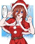  1girl :d alternate_costume belt blue_eyes breasts brown_belt capelet christmas commentary_request go-toubun_no_hanayome hair_between_eyes highres hood hoodie large_breasts looking_at_viewer mame1645 nakano_miku open_mouth red_capelet red_hoodie redhead santa_costume smile solo speech_bubble translation_request 