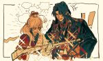  +++ 2boys archer_(fate/samurai_remnant) black_hair black_hanfu blank_speech_bubble blush chinese_clothes chinese_hairpin closed_eyes egotism fate/samurai_remnant fate_(series) flying_sweatdrops grin gun hair_tubes hands_on_own_hips hanfu high_ponytail highres holding holding_gun holding_weapon looking_at_another looking_at_object multiple_boys notice_lines open_mouth smile sparkle speech_bubble sweatdrop thought_bubble weapon white_background white_hair zheng_chenggong_(fate) 