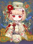  1girl bat_(animal) bowl camellia chibi copyright_name dairoku_ryouhei doll_joints flower full_body green_kimono hair_flower hair_ornament hanazono_tsubaki_(dairoku_ryouhei) hand_up hat jack-o&#039;-lantern japanese_clothes joints kimono light_brown_hair looking_at_viewer night obi outdoors pumpkin red_eyes sash shichimi solo sparkle standing wide_sleeves 