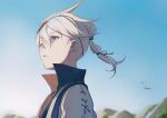 1boy black_collar blue_eyes blue_sky chinese_commentary collar commentary cross-laced_clothes cross-laced_sleeves from_side hair_between_eyes hairband high_collar highres ikooto111 looking_ahead male_focus mountain mountainous_horizon nier nier_(series) nier_(young) outdoors ponytail portrait shirt simple_bird sky solo spiky_hair updo white_hair white_shirt 