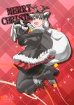  1girl absurdres animal_ears boots christmas christmas_present deer_ears deer_girl deer_tail extra_ears gift gloves green_eyes grey_hair heterochromia highres horns jacket kawanami_eito kemono_friends long_hair looking_at_viewer merry_christmas pantyhose red_background red_eyes reindeer_(kemono_friends) ribbon simple_background skirt solo tail twintails 