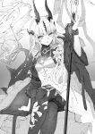  1girl arknights bodystocking dragon_girl dragon_horns dragon_tail dress feet_out_of_frame greyscale highres horns infection_monitor_(arknights) kisaragi_chiyuki light_in_heart long_hair looking_at_viewer monochrome reed_(arknights) reed_the_flame_shadow_(arknights) solo staff tail 