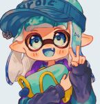 1girl :d blue_eyes blue_hair blue_headwear commentary fang gradient_hair gun highres holding holding_gun holding_weapon inkling inkling_girl long_hair multicolored_hair ochocho2828 open_mouth pointy_ears simple_background smile solo splatoon_(series) splatoon_3 splattershot_(splatoon) tentacle_hair upper_body v visor_cap weapon white_background 