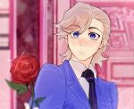  1boy bishounen darycn_art flower genshin_impact grey_hair highres lyney_(genshin_impact) male_focus necktie ouran_high_school_host_club ouran_high_school_uniform rose school_uniform short_hair signature solo suit upper_body violet_eyes 