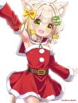  1girl animal_ears arm_up belt blonde_hair bow cat_ears christmas christmas_ornaments cowboy_shot dress fang fish_hair_ornament fur-trimmed_dress fur_trim green_eyes hair_bow hair_ornament hazakura_hinata heterochromia highres kaya_(hazakura_hinata) merry_christmas original santa_costume short_hair skin_fang solo white_background yellow_bow yellow_eyes 