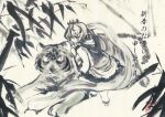  1girl animal bamboo barefoot dress greyscale highres ink_(medium) ink_wash_painting kneeling leaning_on_animal monochrome short_hair spot_color takaharuti tiger toramaru_shou touhou traditional_media translation_request 