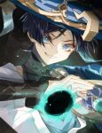  1boy bishounen black_hair blue_eyes gauntlets genshin_impact hat highres japanese_clothes male_focus scaramouche_(genshin_impact) short_hair smirk solo talesofmea upper_body wanderer_(genshin_impact) 