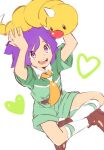  1boy ascot belt brown_belt brown_footwear bugsy_(pokemon) commentary_request green_shirt heart lowres open_mouth orange_mikan pokemon pokemon_(creature) purple_hair shirt shoes short_sleeves shorts simple_background smile socks violet_eyes weedle white_socks yellow_ascot 