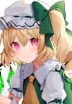  1girl alternate_color ascot blonde_hair crystal_wings flandre_scarlet green_ribbon green_vest hat hat_ribbon highres looking_at_viewer mob_cap puffy_short_sleeves puffy_sleeves red_eyes ribbon shirt short_sleeves smile solo touhou usushio vest white_shirt yellow_ascot 