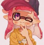  1girl baseball_cap black_headwear closed_mouth commentary_request hat highres inkling inkling_girl long_hair ochocho2828 one_eye_closed pointy_ears redhead simple_background smile solo splatoon_(series) splatoon_3 tentacle_hair upper_body v violet_eyes white_background 