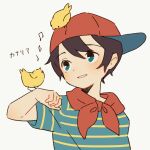  1boy animal_on_head bird bird_on_hand bird_on_head black_hair blue_eyes male_focus mother_(game) mother_1 musical_note neckerchief ninten on_head parted_lips red_neckerchief shifumame shirt short_hair sideways_hat simple_background solo striped striped_shirt translated white_background 