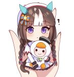  1girl ? animal_ears beret blunt_bangs blush chibi closed_mouth hair_ornament hat highres hokko_tarumae_(umamusume) horse_ears horse_girl horse_tail looking_at_viewer melonpan_(d_5536) pov simple_background solo stuffed_toy tail umamusume violet_eyes white_background 