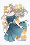  1girl bare_shoulders blue_dress blue_ribbon closed_eyes detached_collar dress flower grey_hair holding holding_flower jewelry long_hair nail_polish orange_nails original parted_lips ribbon ring signature sleeveless sleeveless_dress solo suda_ayaka upper_body 