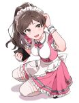  1girl apron blush bow bowtie breasts brown_hair dot_nose dress frilled_apron frilled_dress frills from_above hand_on_own_head hand_up idolmaster idolmaster_million_live! idolmaster_million_live!_theater_days kitazawa_shiho long_hair looking_at_viewer medium_breasts open_mouth pink_bow pink_bowtie pink_dress shirop_imas shirt short_sleeves simple_background solo squatting thigh-highs waist_apron waist_bow white_apron white_background white_bow white_headdress white_shirt white_thighhighs white_wrist_cuffs yellow_eyes 