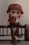  1boy :p boots commentary_request full_body hat hwtr_06 medium_hair octoling octoling_boy print_shirt red_footwear red_headwear red_shirt redhead shirt sitting sitting_on_fence solo splatoon_(series) tentacle_hair tongue tongue_out violet_eyes 