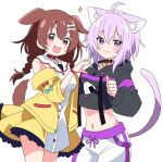  2girls :3 animal_ear_fluff animal_ears black_hoodie blush braid brown_hair cat_ears cat_girl cat_tail collar collarbone cropped_hoodie dog_ears dog_girl dog_tail dress hair_ornament highres hololive hood hoodie hutaba_haru inugami_korone inugami_korone_(1st_costume) jacket long_hair long_sleeves looking_at_viewer midriff multiple_girls navel nekomata_okayu nekomata_okayu_(1st_costume) open_mouth purple_hair short_hair tail twin_braids violet_eyes virtual_youtuber white_dress yellow_jacket 