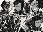  1boy bodysuit closed_mouth dark-skinned_male dark_skin fangs fate/grand_order fate_(series) furrowed_brow gold_trim grey_hair high_collar highres holding holding_weapon izcalli_(fate) looking_at_viewer male_focus mask monochrome multiple_views rakikoko scar short_hair simple_background sweat upper_body weapon 