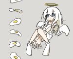  absurdres angel angel_wings between_legs dress expressionless fried_egg grey_eyes hair_between_eyes halo hand_between_legs highres long_bangs long_hair off_shoulder original own_hands_together personification sidelocks simple_background socks tokiwa_(914) white_background white_dress white_hair white_socks wings 