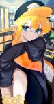  1girl baseball_cap black_sweater blonde_hair blue_eyes closed_mouth english_commentary eyelashes feet_out_of_frame gradient_hair hat highres inkling inkling_girl long_hair multicolored_hair orange_hair pointy_ears ricekriispi sitting sleeves_past_fingers sleeves_past_wrists solo splatoon_(series) splatoon_3 sweater tentacle_hair two-tone_hair 