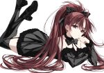  bare_shoulders black_bow black_dress black_necktie black_thighhighs bow collar covering_mouth detached_sleeves dress fur-trimmed_dress fur-trimmed_sleeves fur_trim garter_straps hair_bow hand_over_own_mouth high_heels highres long_hair lying mahou_shoujo_madoka_magica misteor necktie on_stomach ponytail red_eyes redhead sakura_kyoko simple_background slit_pupils thigh-highs white_background 