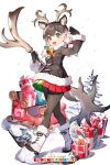  1girl animal_ears boots christmas christmas_present copyright_name extra_ears gift gloves green_eyes grey_hair highres horns jacket kemono_friends kemono_friends_kingdom long_hair looking_at_viewer official_art pantyhose red_eyes reindeer_(kemono_friends) ribbon skirt snow solo tail twintails weapon 