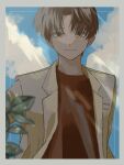  1boy blue_background blurry blurry_foreground border brown_eyes brown_hair brown_jacket closed_mouth clouds commentary_request curtained_hair grey_border hide_tani highres jacket lens_flare light_smile long_sleeves looking_at_viewer magami_kyousuke male_focus missing_parts:_the_tantei_stories open_clothes open_jacket plant red_shirt shirt short_hair solo suit_jacket upper_body 