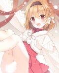  1girl blush brown_hair coat dress hairband haruchimo highres kanon long_sleeves open_mouth red_dress red_eyes ribbon short_hair smile solo tsukimiya_ayu white_ribbon winter_clothes winter_coat 