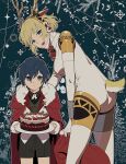  1boy 1girl aegis_(persona) aged_down android animal_ears antlers bell blonde_hair blue_eyes blue_hair bow cake cape christmas closed_mouth deer_ears deer_tail elulit2 fake_animal_ears fake_antlers food formal fur-trimmed_cape fur_trim hair_between_eyes hairband headphones highres holly jingle_bell joints leaning_forward looking_at_viewer open_mouth persona persona_3 red_cape reindeer_antlers robot_joints short_hair shorts smile strawberry_shortcake tail yuuki_makoto 