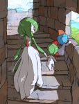  alternate_color animal_focus aomon_(yuuji7604) blue_sky brick_wall clouds colored_skin commentary_request evolutionary_line gardevoir green_hair highres no_humans pokemon pokemon_(creature) ralts red_eyes shiny_pokemon sky stairs white_skin 