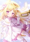  1girl absurdres angel angel_wings animal_ears artist_name blonde_hair bow cat_ears cross_hair_ornament dress hair_bow hair_ornament highres loli original pink_eyes sky thigh-highs watermark white_dress white_thighhighs wing_hair_ornament wings yuduki_pdx 