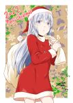  1girl 2022 artist_name blue_eyes christmas commentary cowboy_shot dated dog_tags dress english_text fur-trimmed_dress fur-trimmed_headwear fur_trim grey_hair hat hibiki_(kancolle) highres holding holding_sack kantai_collection long_hair long_sleeves merry_christmas over_shoulder parted_lips red_dress sack santa_dress santa_hat signature solo standing yua_(checkmate) 