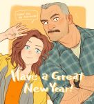  1boy 1girl aaron_gruber_(o_natsuo88) beard_stubble blue_eyes crossed_arms english_text facial_hair green_nails grey_hair happy_new_year head_on_another&#039;s_shoulder highres looking_at_viewer madison_(o_natsuo88) mature_male medium_hair mustache nail_polish notice_lines o_natsuo88 old old_man original receding_hairline redhead scar scar_on_cheek scar_on_face shirt short_hair side-by-side simple_background smile speech_bubble thick_eyebrows thick_mustache upper_body watch watch waving wavy_hair wrinkled_skin yellow_background 