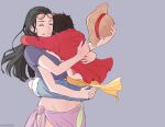  1boy 1girl ^_^ black_hair blue_background blue_jacket blue_shorts carrying carrying_person closed_eyes english_commentary extra_arms eyewear_on_head hair_slicked_back hat hug jacket long_hair loose_hair_strand monkey_d._luffy nico_robin one_piece pink_sarong red_shirt rin_(rinriemie) sarong sash shirt short_hair shorts simple_background smile straw_hat yellow_sash 