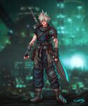  1boy alternate_costume arm_belt armor artist_name bag baggy_pants bandaged_arm bandages belt belt_pouch blonde_hair blue_eyes blue_pants blue_shirt blurry blurry_background boots brown_footwear buckle buster_sword chainmail city city_lights closed_mouth cloud_strife earrings final_fantasy final_fantasy_vii final_fantasy_vii_remake fingerless_gloves full_body gloves greatsword guillem_dauden hair_over_one_eye highres jewelry knee_pads leg_belt looking_at_viewer medieval multiple_belts pants pauldrons pouch satchel shirt short_sleeves shoulder_armor single_knee_pad single_pauldron spiky_hair studded_gloves sword weapon weapon_on_back 