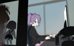  1girl at_computer black_sweater commentary drawing drawing_tablet figure from_side fusuma green_eyes grey_shorts hatoba_tsugu highres holding holding_stylus house indoors natori_sana nendoroid null-meta on_chair open_mouth orca purple_hair rytoua318 sana_channel shinohara_kogome short_shorts short_twintails shorts sitting sliding_doors smile solo stylus sweater tsugu_(vtuber) turtleneck turtleneck_sweater twintails virtual_youtuber 