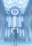  1girl animal_ears boots capelet church commission heibonkaeru highres ice_crystal indoors long_hair miniskirt original pleated_skirt rabbit_ears rabbit_girl skeb_commission skirt snow stained_glass thigh_boots 