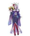  1girl crystal fire_emblem fire_emblem_heroes flower green_eyes grey_hair hair_flower hair_ornament hand_fan highres holding holding_fan japanese_clothes kimono kvasir_(fire_emblem) kvasir_(unknown_future)_(fire_emblem) looking_at_viewer non-web_source official_alternate_costume official_art paper_fan short_hair solo white_background 