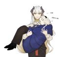  2girls animal_ears arknights black_footwear black_hairband black_pants black_skirt blanket blonde_hair carrying carrying_person closed_eyes dog_ears dog_girl dragon_horns floppy_ears grey_hair hairband hong3_(giveme_ogn) horns korean_text kristen_(arknights) long_hair multiple_girls orange_eyes pants saria_(arknights) shirt shoes simple_background skirt sleeping translation_request very_long_hair white_background white_shirt 