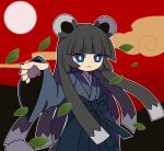  1girl animal_ears blue_bow blue_eyes blue_kimono bow bright_pupils closed_mouth clouds funamusea funamusea_(style) grey_hair hand_up hofuru_(funamusea) japanese_clothes kimono leaf long_hair moon mountain oounabara_to_wadanohara raccoon_ears raccoon_girl raccoon_tail red_background solo tail thc_(thc3795) white_pupils wind 