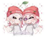  2girls :o beanie closed_mouth commentary_request food-themed_hat_ornament grey_eyes grey_hair hat hat_ornament highres inkling inkling_girl medium_hair multicolored_hair multiple_girls myon_rio octoling octoling_girl one_eye_closed pink_eyes pink_hair pointy_ears red_headwear redhead smile splatoon_(series) sweater tentacle_hair thick_eyebrows two-tone_hair upper_body white_background white_sweater 